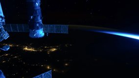 Tilt down motion of ISS International Space Station with Aurora Australis as the ISS flew past the Pacific Ocean. Created from Public Domain images, courtesy of NASA Johnson Space Center : http://eol.