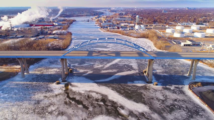 Scenic Leo Frigo Memorial Bridge, Green Bay, Wisconsin, Winter aerial view.
