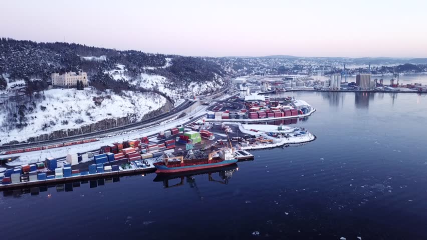 Aerial shot of a ship in a port in Oslo, Norway in winter