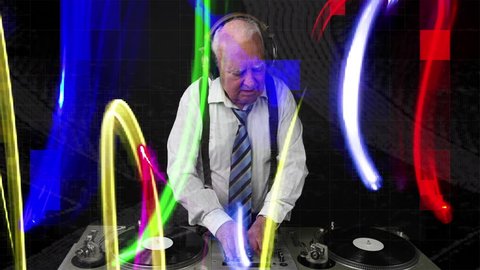 an amazing grandpa DJ, older man djing and partying in a disco setting. this version has intentional overlayed video distortion and glitch effects