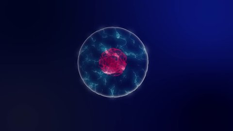 Cell division microbiology background with purple cell nucleus and blue neon cytoplasm. Scientific background 4K seamless loop.