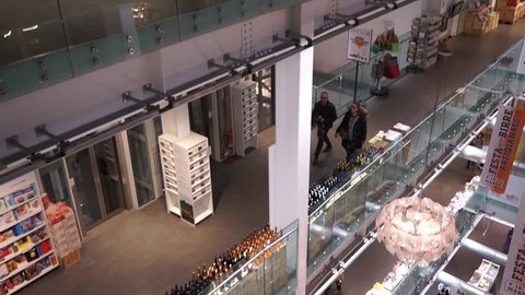 Rome, Italy - February 28, 2018: view from the third floor of Eataly Rome of the floors below with customers who buy
