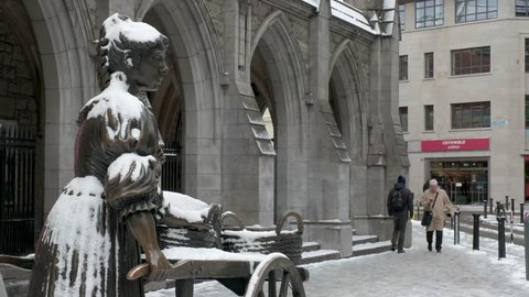 Molly Malone statue covered with snow. Dublin, Ireland. February 28, 2018