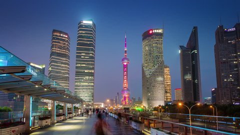 SHANGHAI, CHINA - JUNE 2016: night shanghai downtown park walk tower panorama 4k timelapse circa june 2016 shanghai, china.