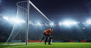 Soccer player scores a goal and runs happily with the ball. Stadium and crowd are made in 3D and animated