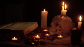 Flashing candle fire on the skull and around the magic book - Powered by Shutterstock - Get 15% off with code: PIKWIZARD15