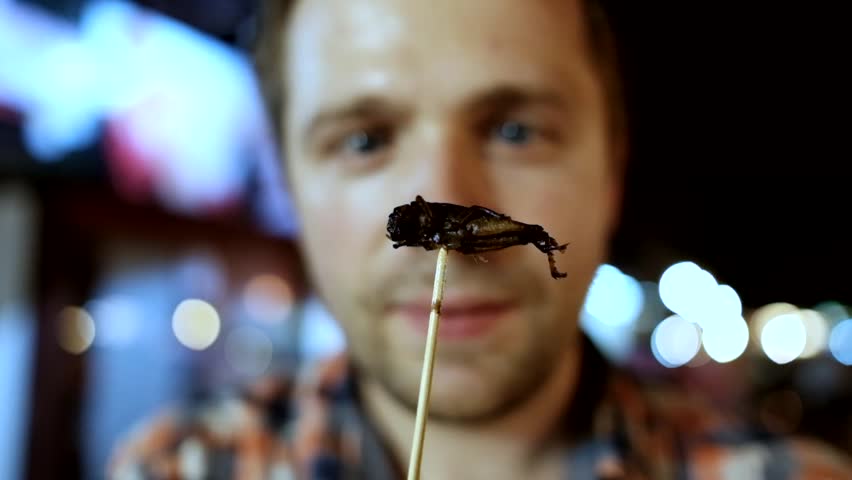 Caucasian young male eating cricket at night market in Thailand. Eating insect concept Royalty-Free Stock Footage #1008069952