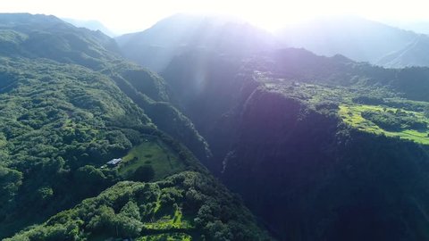 La Reunion drone aerial footage. Spectacular sceneries and volcanic fault lines of the Reunion Island in the Indian Ocean. Amazing Mountainscapes of the Reunion Island/ L'ile de la Reunion vue du ciel
