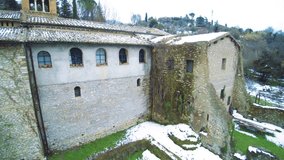 Aerial video of Abbey of Saint John in Argentella near Palombara Sabina, lazio, Italy. Video in 4k format