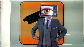 mr tv headcool man in a suit dancing with a television as a head. the tv is has changing eyes playing on the screen