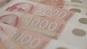 Paper denominations of 1000 dinars slow tilt 4K 2160p 30fps UltraHD  footage - Wad of Serbian banknotes  close-up 3840X2160 UHD tilting video