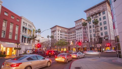 Los Angeles, California / USA - 2/20/2018: Hyper lapse of the Beverly Wilshire hotel on Rodeo Drive in Beverly Hills at night.