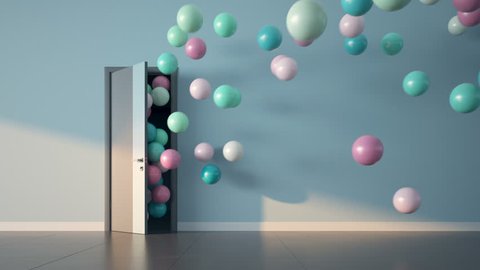 Ballons fly through open door. Slow motion 3D render. Luma matte and color ID pass.
