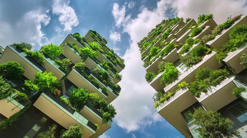 Milan, Italy - May 2017: Bosco Verticale or Vertical Forest is one best tall building worldwide. Is composed of two residential towers with a large variety of trees and plants on the balconies.
