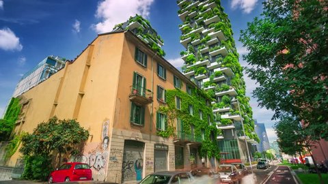 Milan, Italy - May 2017: Bosco Verticale or Vertical Forest is one best tall building worldwide. Is composed of two residential towers with a large variety of trees and plants on the balconies.