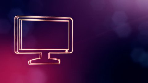 icon of monitor. Background made of glow particles as vitrtual hologram. 3D seamless animation with depth of field, bokeh and copy space. Purple color v1.