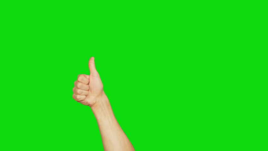 Right hand giving thumb up isolated on green background. Good symbol. Alpha channel, keyed green screen. transparent background.