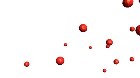 3d animation. Falling red faceted balls isolated on white background.