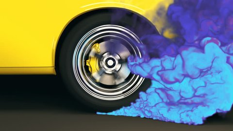 Bright yellow muscle car with chrome rims performs a burnout creating thick clouds of colorful blue and purple smoke. Rear wheel close-up. Seamless looping animation, 3D render.