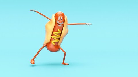 Funny hot dog character dances vigorously on the blue background. Seamless looping animation, 3D render.