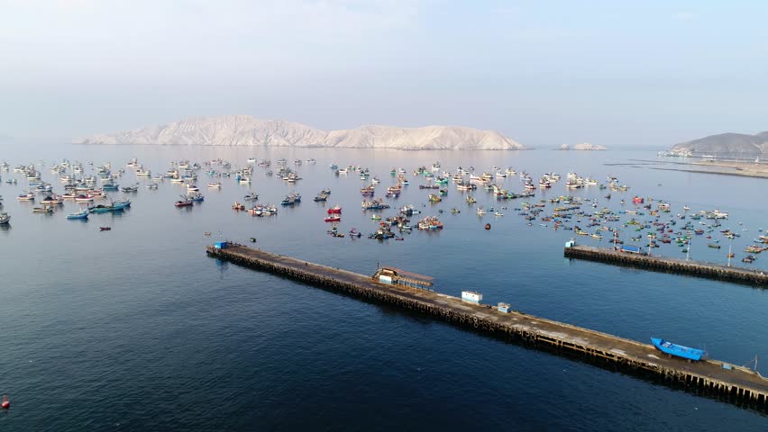Aerial of the beach and the harbor of Chimbote, Peru, South America