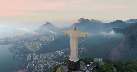 RIO DE JANEIRO, BRAZIL - JANUARY 2018: Aerial view of Christ the Redeemer Statue on the top of Corcovado Hill. Morning light, Rio de Janeiro, Brazil.