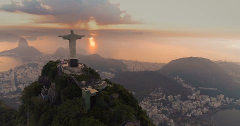 RIO DE JANEIRO, BRAZIL - JANUARY 2018: Aerial panorama of Rio de Janeiro with Christ the Redeemer Statue on the top of Corcovado Hill. Morning sunrise light, Brazil