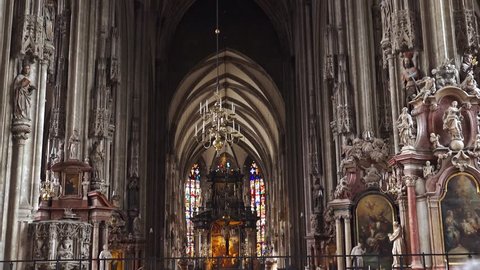 VIENNA, AUSTRIA - SUMMER, 2017: Interiors of St. Stephen's Cathedral. Stephansdom. Vienna, Austria. Shot in 4K (ultra-high definition (UHD)).