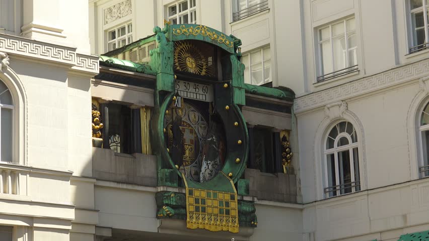 Famous Anchor Clock. Ankeruhr. Vienna, Austria. Shot in 4K (ultra-high definition (UHD)).
