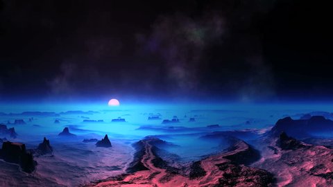 Blue Sunset on Alien Planet. Rocky desert covered with a thick blue mist. On the horizon a bright white sun. On a dark night sky, the stars and nebulae. 