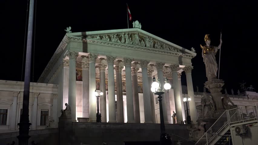 Municipality, the administration of Vienna. Hohes Haus. Austria. Night. Shot in 4K (ultra-high definition (UHD)).