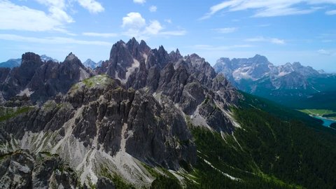 National Nature Park Tre Cime In the Dolomites Alps. Beautiful nature of Italy. Aerial FPV drone flights