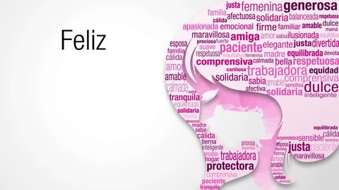 Greeting card with message Feliz Dia de la Mujer - Happy Women's Day in Spanish language. Start with a cloud of words in pink and purple colors that appear one by one to form the silhouette of a woman