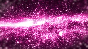 Space pink background with particles. Space gold dust with stars. Sunlight of beams and gloss of particles galaxies. Seamless loop.