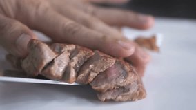 Closeup chef's hands putting sliced beef steak on clean plate. Dish preparation concept - video in slow motion