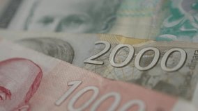 Shallow DOF highest denominations of dinar 4K 2160p 30fps UltraHD panning   footage - Lot of Serbian banknotes on pile slow pan 3840X2160 UHD video