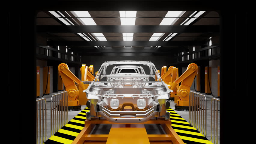 Moving transporter of conveyor belt with frameworks of unfinished cars and robots welders, front view. Conveyor production line throughout its length from beginning to end Royalty-Free Stock Footage #1008217228