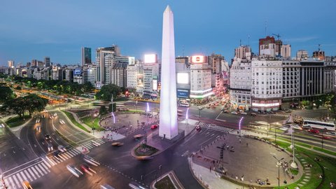 Buenos Aires, Argentina - January 20: Zoom in time lapse view of the Obelisk of Buenos Aires and 9 de Julio Ave, the widest avenue in the world,  in Buenos Aires, Argentina.
