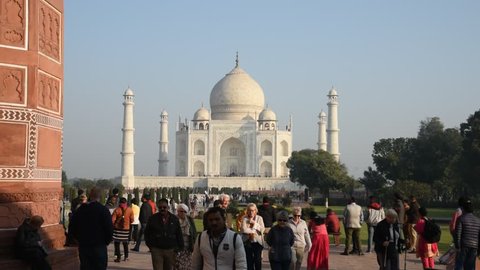 AGRA, INDIA 15 FEBRUARY 2018 : Tourists from India and around the world visit the Taj Mahal, Taj Mahal is a UNESCO World Heritage site in Agra.