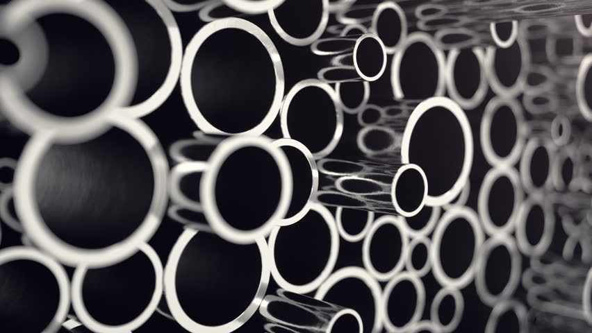 Metal pipes stacked. Heap of shiny metal steel pipes with selective focus effect. 3D animation 4k