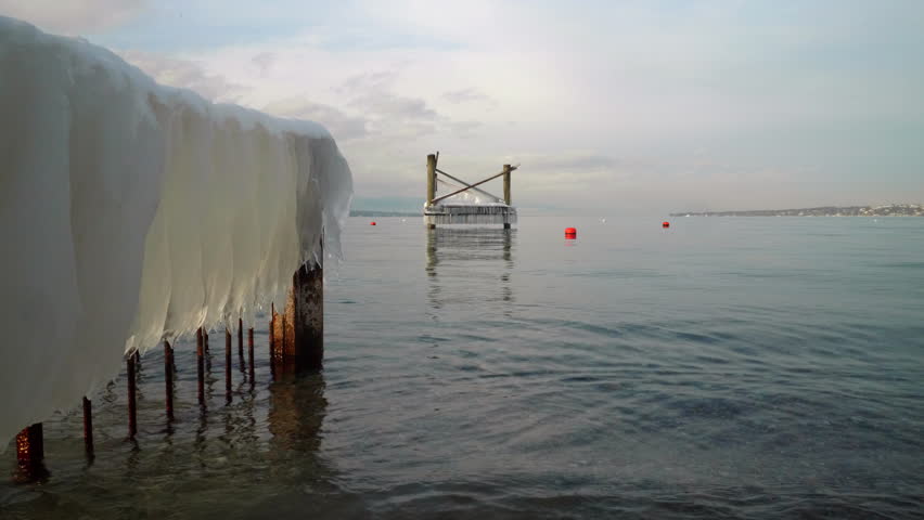On the shores of Lake Geneva Switzerland in winter.