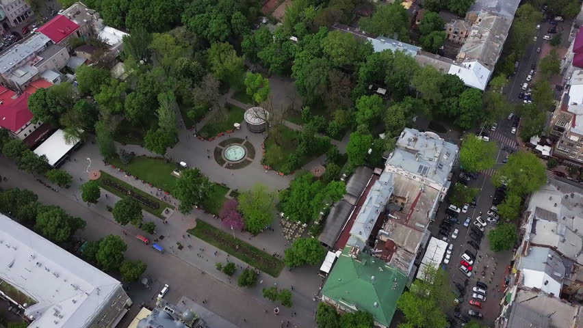 Aerial view of beautiful central park in Odessa city at sunset drone footage