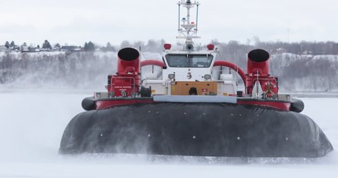 Quebec, Canada - March 2018 - Large view of hovercraft operating on ice.