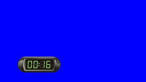 30 second Digital Countdown Timer, Counter, isolated. Real time countdown timer. Black watch case, green dial. Left version. Blue screen - Chroma key.