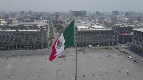 Mexico City - aerial view,  the zocalo in mexico city, with the cathedral and giant flag in the centre, Mexican Flag waving high over Mexico, Constitution Plaza