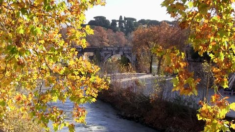 Rome Italy. Autumn. Tiber River, Ponte Rotto seen through yellow leaves. Zoom out