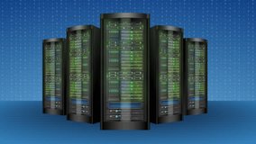Computer server black adjustable framework racks with binary code on background available in 4k UHD FullHD and HD video animation footage