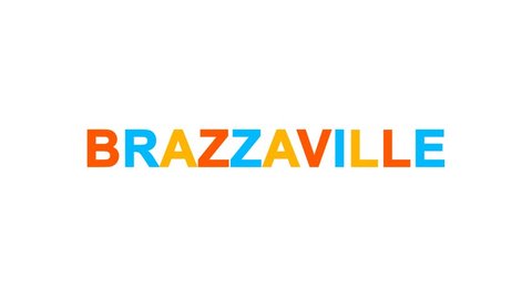 capital name BRAZZAVILLE from letters of different colors appears behind small squares. Then disappears. Alpha channel Premultiplied - Matted with color white