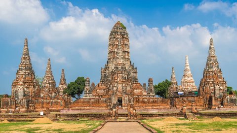 Time lapse of Ayutthaya Historical Park, Wat Chaiwatthanaram Buddhist temple in Thailand.