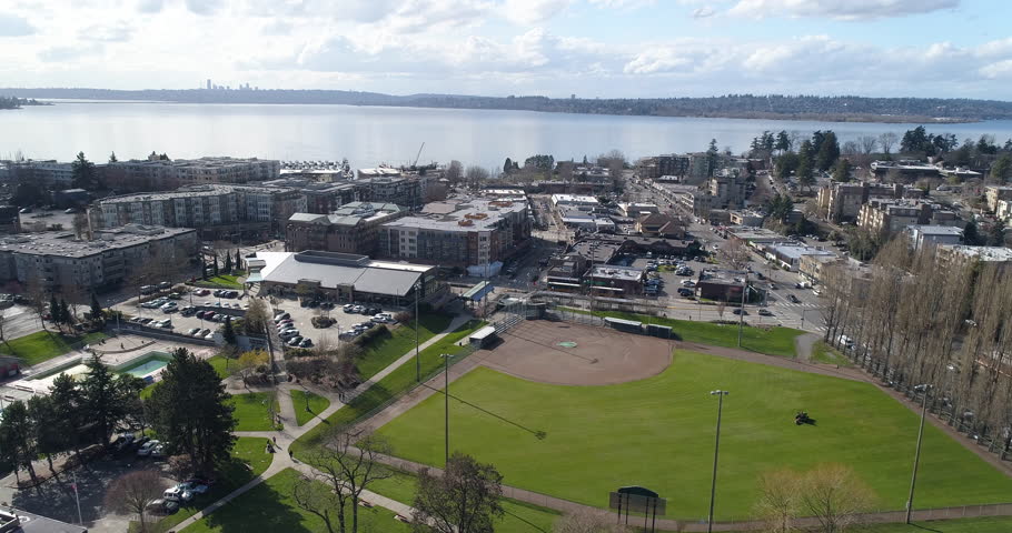 Kirkland WA Aerial View Facing Lake Washington Waterfront Coastline